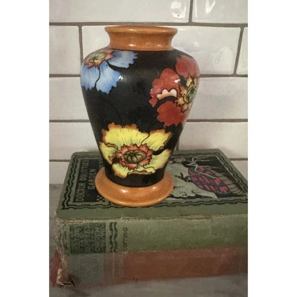 Orange Blue Red Poppy Black Flora Vase Japan Hand Painted 6.5”